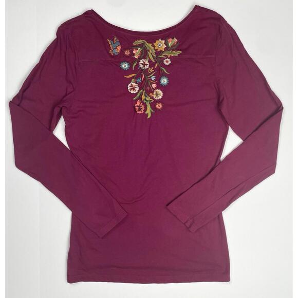 Johnny Was V Neck Burgundy Embroidered Floral Long Sleeve Tshirt Large - Picture 2 of 8